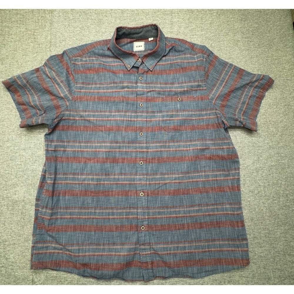 ROWM Mens XL Short Sleeve Button Down Shirt Blue Red Striped Casual Pocket